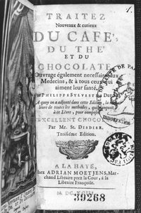 Página de título de Traite Nouveau et Curieux du Cafe, du The et du Chocolat por Philippe Sylvestre Dufour, La Haya, publicado en 1693 de French School