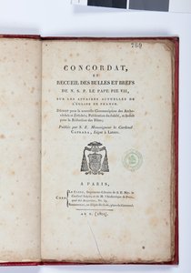 Página de título del Concordato y Recopilación de bulas y breves de N. S. P. el Papa Pío VII, publicado por Giovanni Battista Caprara, París, Chez Le Clers, 1802
