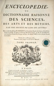 Página de título del primer volumen de la Enciclopedia de Denis Diderot y Jean le Rond d