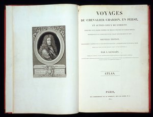 Portada y retrato del frontispicio de Voyages du Chevalier Chardin en Perse, 1811 de French School
