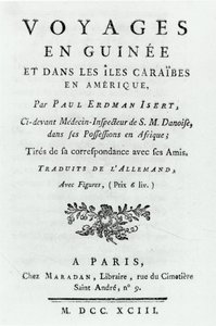 Página de título de Viajes en Guinea y en las Islas Caribe en América por Paul Erdman Isert, publicado en 1743 de French School
