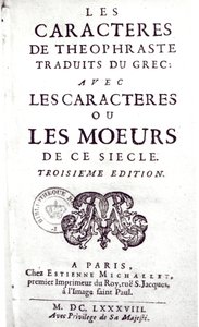 Portada de Les Caracteres de Theophraste traduits du grec, avec Les Caracteres ou les moeurs de ce siecle por La Bruyere (1645-96) 1688 de French School