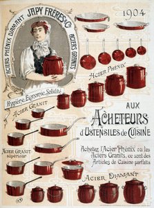 A los compradores de utensilios de cocina. Compre Phenix Steel o Granite Steel, estos son artículos de cocina perfectos - Etiqueta publicitaria de French School