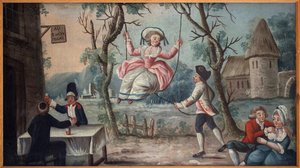 A los tres órdenes reunidos. El Clero, la Nobleza y el Tercer Estado reunidos en una taberna. Una joven se balancea. Letrero pintado de comerciante de cocardas, vendría del Palacio Real, pintura anónima, período revolucionario