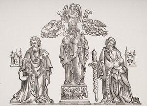 Decoración de tumba que muestra a Nicholas Flamel (c.1330-c.1418) y su esposa Pernelle, después de decoraciones en el Cementerio de los Inocentes, París, de Le Moyen Age et La Renaissance de Paul Lacroix (1806-84) de French School