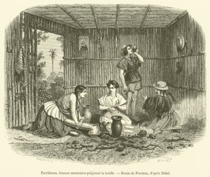 Tortilleras, mujeres mexicanas preparando la tortilla (grabado) de French School