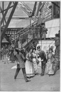 Turistas cerca del ascensor de la primera plataforma de la Torre Eiffel en París de French School