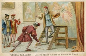 Tarjeta comercial que representa a Carlos V recogiendo el pincel de Tiziano