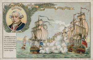 Tarjeta comercial con una imagen que representa una batalla naval de French School