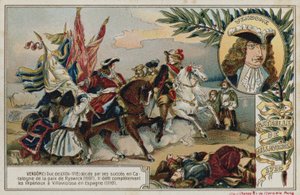 Tarjeta comercial con una imagen que representa la Batalla de Villaviciosa de French School