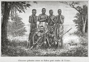 Traje tradicional de los pueblos indígenas de Gabón, ilustración de 