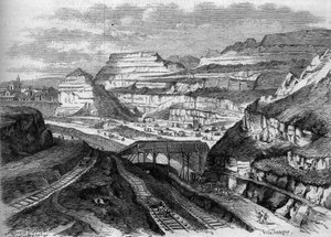 Transformaciones de París bajo el Segundo Imperio, París haussmanniano: transformación en parque de las canteras de yeso de Buttes-Chaumont (Buttes Chaumont). Grabado en "Le Monde Illustré" n°306 del 21 de febrero de 1863. de French School