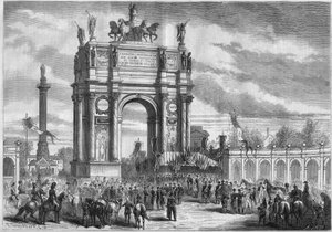Transformaciones de París bajo el Segundo Imperio, Haussmann París: arco de triunfo en la inauguración del Boulevard du Prince Eugene (hoy Boulevard Voltaire) por Napoleón III. Grabado en "Le Monde Illustré" n°296 del 13 de diciembre de 1862.