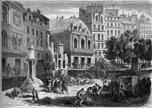 Transformaciones de París bajo el Segundo Imperio, Haussmann París: demolición de los teatros del Templo para la apertura del Boulevard du Prince Eugene (hoy, boulevard Voltaire). Grabado en 