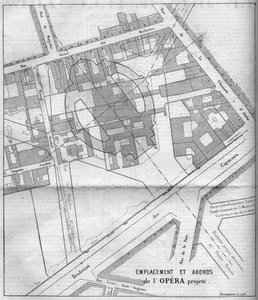 Transformaciones de París bajo el Segundo Imperio, Haussmann París: plan proyectado de la Ópera Garnier en París en 1860. Grabado en 