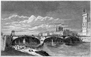 Transformaciones de París bajo el Segundo Imperio, Haussmann París: vista del Pont au Change durante su reconstrucción. Grabado en “Le Monde Illustré” n°169 del 7 de julio de 1860. de French School