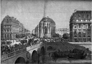 Transformaciones de París bajo el Segundo Imperio, Haussmann París: vista de la fuente Saint Michel (1860) en el Boulevard de Sebastopol. Grabado en Le Monde Illustré n°175 del 18 de agosto de 1860. de French School