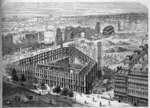 Transformaciones de París bajo el Segundo Imperio, París Haussmann: construcción del Hotel de la Paix y vista de la ubicación de la futura Ópera Garnier, entre las calles Neuve des Mathurins, la Chaussee d