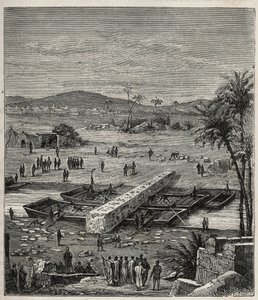 Transporte del obelisco de Ptolomeo Filadelfo (Ptolemaios Filadelfos) (Ptolomeo II) en el Nilo hacia Alejandría - Grabado en Ciencias al alcance de todos - Física y química popular por Alexis Clerc - Finales del siglo XIX - Colección privada de French School