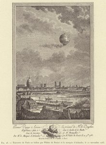 Travesía de París en globo por Pilâtre de Rozier y el marqués de Arlandes, el 21 de noviembre de 1783 (grabado) de French School