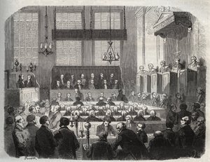 Juicio de William Palmer, en el Tribunal Penal Central, mayo de 1856, por envenenar a John Parsons Cook, en Rugeley - William Palmer ante el Tribunal Penal Central de Londres en 1856 - Grabado en “Causas célebres de todos los pueblos” por Armand Fouquier de French School