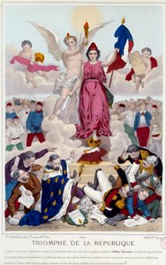 Triunfo de la república, grabado de 1875. Alegoría sobre el sufragio universal que destruye a los enemigos de la república: "[...] Pero Francia está al abrigo de su conspiración, caminando a la cabeza de las naciones civilizadas por la senda del progreso y