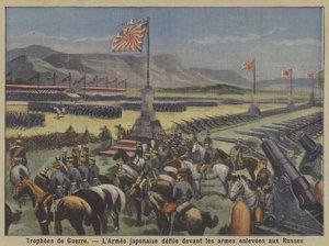 Trofeos de guerra: el ejército japonés desfilando ante armamentos rusos capturados en la Guerra Ruso-Japonesa de French School