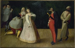 Troupe de cómicos italianos (¿los Gelosi), hacia 1580 (óleo) de French School
