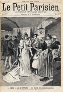 Prueba del vestido en el taller en la víspera de la Fiesta de Mi-Careme: la reina de los blanqueadores. Uno del periódico "Le Petit Parisien" el 12/03/1893 (grabado) de French School