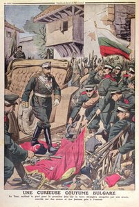 El zar Fernando I (1861-1948) de Bulgaria caminando sobre banderas capturadas durante la Guerra de los Balcanes de 1912, noviembre de 1912
