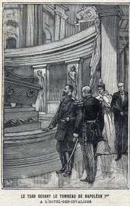 El zar Nicolás II de Rusia (1868-1918) y la zarina Alexandra Fiodorovna Romanova (1872-1918) frente a la tumba de Napoleón I Bonaparte en el Hotel des Invalides en París, en "Le Petit Parisien" de French School