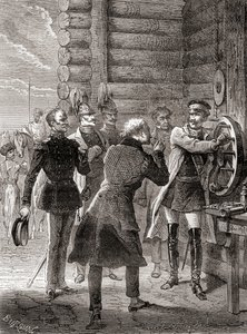 El zar Nicolás I inaugurando la línea de telégrafo de semáforo entre Moscú y Varsovia en 1833, usando una modificación del sistema de semáforo de Claude Chappe, de Les Merveilles de la Science, publicado c.1870 (grabado)