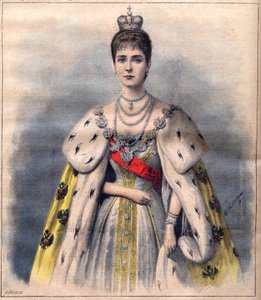 La zarina Alexandra de Rusia en sus ropas de coronación - La zarina Alexandra Fiodorovna en el traje sagrado. Ilustración para Le Petit Journal, 24 de mayo de 1896 (grabado) de French School