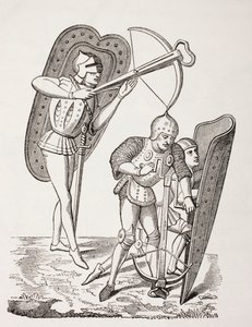 Dos ballesteros franceses del siglo XV, uno disparando su arma, el otro cargándola con un cabrestante, ambos protegidos por pavises, de 