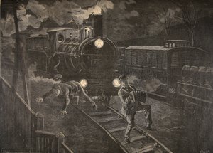 Dos hombres atropellados por un tren, ilustración de Le Petit Journal: Suplemento ilustrado, 1898 de French School