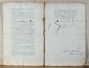 Dos páginas de los estatutos de la Academia Francesa, 1635 de French School