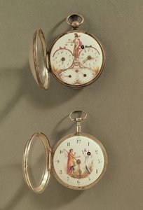Dos relojes de bolsillo decorados con símbolos revolucionarios (metal y esmalte) de French School