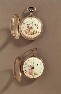 Dos relojes de bolsillo con símbolos revolucionarios (metal y esmalte) de French School