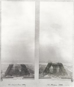 Dos vistas de la construcción de la Torre Eiffel, París, 12 de diciembre de 1887 y 15 de marzo de 1888 de French School
