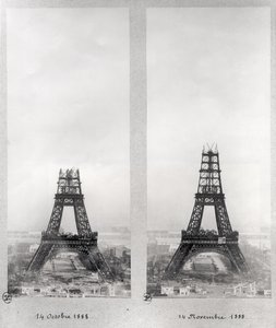 Dos vistas de la construcción de la Torre Eiffel, París, 14 de octubre y 14 de noviembre de 1888 de French School