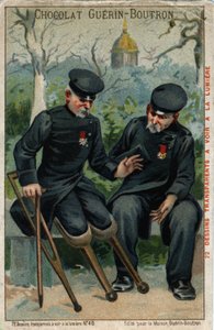 Dos inválidos de guerra: un muñón hablando con un pingüino. Cromolitografía del siglo XIX