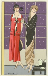 Dos mujeres tomando té y vestidas con diseños de Jean Patou y Beer, de Art-Goût-Beauté pub. 1924 de French School