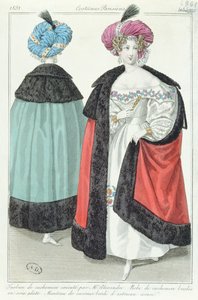 Dos mujeres con turbantes, vestidos y capas de cachemira, de Costumes Parisiens, 1831 de French School