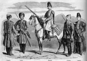 Tipos y uniformes de la escolta especial del emperador de Rusia. De izquierda a derecha: Trompeta, Cosaco, Musulmán, Circassiano y Lesghiano. Grabado en "Le Monde Illustré" n°153 del 17 de marzo de 1860.