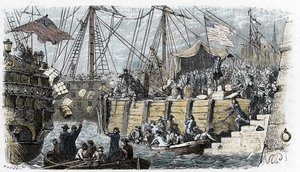 Guerra de Independencia de EEUU: revuelta de los colonos estadounidenses (de origen británico) contra los impuestos que el Parlamento inglés imponía sobre el té y otros alimentos. Se disfrazan de indios y arrojan el cargamento de té al mar tras entrar en c