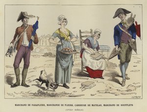 Vendedor de paraguas, vendedora de flores, cardador y vendedor de fuelles, siglo XVIII de French School