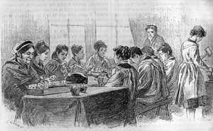 Un taller de jóvenes idiotas en la Salpêtrière en París, en "El diario de la juventud" 1887. de French School