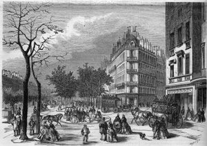 Uno de los primeros "refugios" para peatones que cruzan los bulevares en París establecido entre el bulevar de los Capuchinos y el bulevar de la Madeleine. de French School