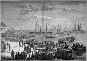 Unificación de Italia - Expedición de los Mil o Camisas Rojas - Evacuación de Milazzo (Sicilia), julio de 1860: El General Bosco y las tropas napolitanas de Francisco II abandonaron la Ciudadela de Milazzo tras su derrota contra los Mil de Giuseppe Garibal de French School