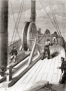 Desenrollando el cable submarino de Dover a Calais a bordo del Blazer, 25 de diciembre de 1851, de Les Merveilles de la Science, publicado c.1870 (grabado)